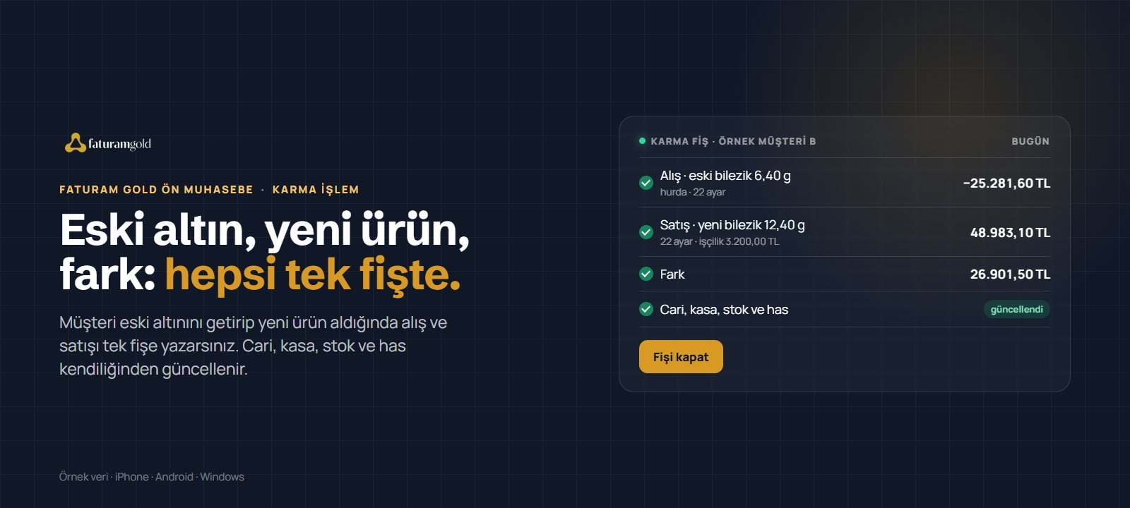 Faturam Gold Ön Muhasebe karma işlem: eski altın ve yeni ürün tek fişte